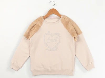 Toptan ENJOY BABY Kalp Baskılı Taş Detaylı 2 İp Şardonlu Kız Sweat  BEJ - Beniz Bebe