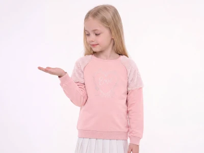 Toptan ENJOY BABY Kalp Baskılı Taş Detaylı 2 İp Şardonlu Kız Sweat  PEMBE - Beniz Bebe