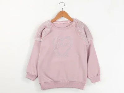 Toptan ENJOY BABY Kalp Baskılı Taş Detaylı 2 İp Şardonlu Kız Sweat  GÜLKURUSU - Beniz Bebe