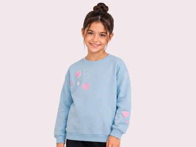Toptan ROYA KİDS Kalp Baskılı Taş Detaylı 3 İp Şardonlu Kız Sweat  - Toptan Çocuk Giyim Beniz Kids