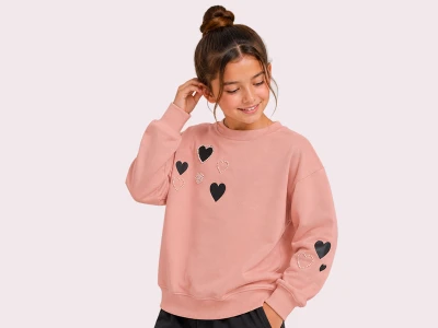 Toptan ROYA KİDS Kalp Baskılı Taş Detaylı 3 İp Şardonlu Kız Sweat  PEMBE - Beniz Bebe