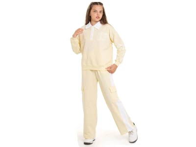 Toptan COOL KİDS Kalp Baskılı Yakalı Düğmeli Kız Takım  - Toptan Çocuk Giyim Beniz Kids