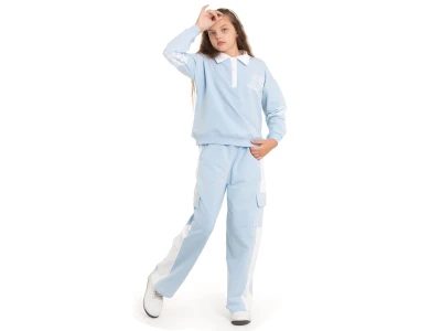 Toptan COOL KİDS Kalp Baskılı Yakalı Düğmeli Kız Takım  Light Blue - Beniz Bebe
