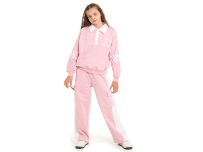 Toptan COOL KİDS Kalp Baskılı Yakalı Düğmeli Kız Takım  Pink - Beniz Bebe