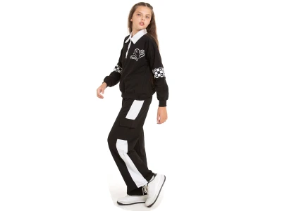 Toptan COOL KİDS Kalp Baskılı Yakalı Düğmeli Kız Takım  Black - Beniz Bebe