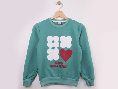 Toptan WENGE KİDS Kalp & Çiçek Baskılı Kız Sweat  Eggshell blue - Beniz Bebe