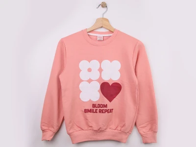 Toptan WENGE KİDS Kalp & Çiçek Baskılı Kız Sweat  Pink - Beniz Bebe