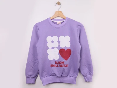 Toptan WENGE KİDS Kalp & Çiçek Baskılı Kız Sweat  Lilac - Beniz Bebe