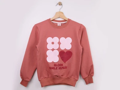 Toptan WENGE KİDS Kalp & Çiçek Baskılı Kız Sweat  Rose - Beniz Bebe