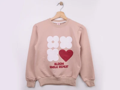 Toptan WENGE KİDS Kalp & Çiçek Baskılı Kız Sweat  Beige - Beniz Bebe