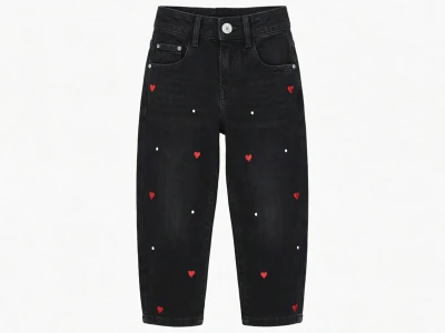 Toptan SERCİNO Kalp Desenli Baggy Kız Kot Pantolon  - Toptan Çocuk Giyim Beniz Kids