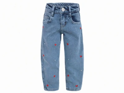Toptan SERCİNO Kalp Desenli Baggy Kız Kot Pantolon  AÇIKMAVİ - Beniz Bebe