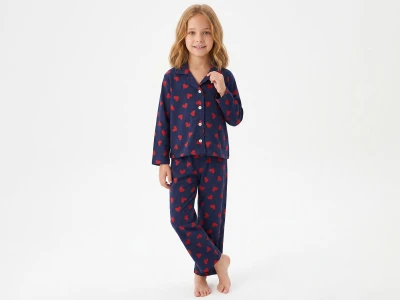 Toptan İSOBEL Kalp Desenli Düğmeli Kız Pijama Takım - Toptan Çocuk Giyim Beniz Kids