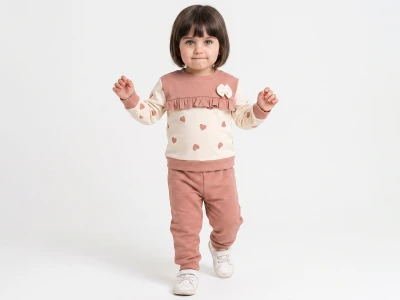 Toptan KARACON Kalp Desenli Fırfırlı Fiyonk Detaylı Kız Takım  - Toptan Çocuk Giyim Beniz Kids