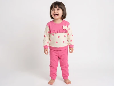 Toptan KARACON Kalp Desenli Fırfırlı Fiyonk Detaylı Kız Takım  PEMBE - Beniz Bebe