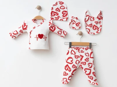 Kalp Desenli Kız Bebe Hastane Çıkışı Beşli Set 