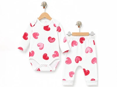 Toptan SÜPERMİNİ  Kalp Desenli Kız Bebe Takım - Toptan Çocuk Giyim Beniz Kids