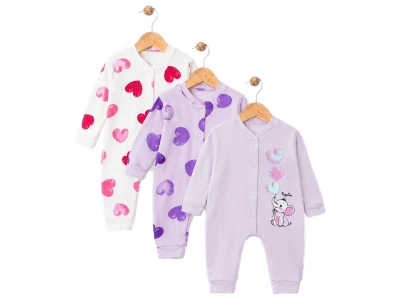 Toptan SÜPERMİNİ  Kalp Desenli Kız Bebe Üçlü Tulum  - Toptan Çocuk Giyim Beniz Kids
