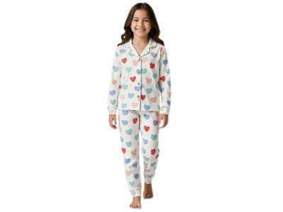 Toptan SÜPERMİNİ  Kalp Desenli Kız Pijama Takım - Toptan Çocuk Giyim Beniz Kids