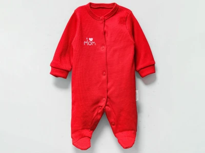 Toptan BAM-BİNO Kalp Desenli & Mom Baskılı Kız Bebe Tulum KIRMIZI - Beniz Bebe