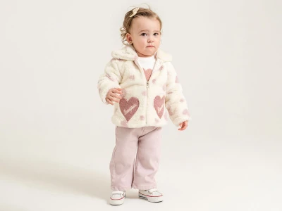 Toptan PAMPAL KİDS Kalp Desenli Peluş Ceketli Üçlü Kız Takım Розовый - Beniz Bebe