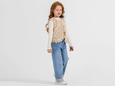 Toptan ECOLKIZ Kalp Desenli Peluş Yelekli Üçlü Kız Takım - Toptan Çocuk Giyim Beniz Kids