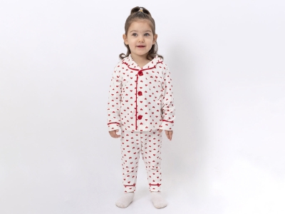 Kalp Desenli Raporlu Yakalı Düğmeli Kız Pijama Takım