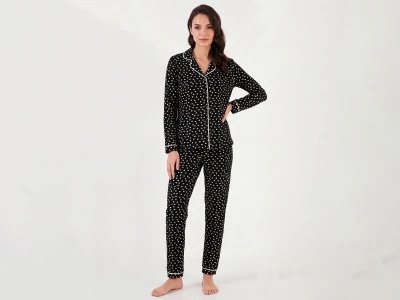 Kalp Desenli Yakalı Düğmeli Anne Yetişkin Beden Pijama Takım 