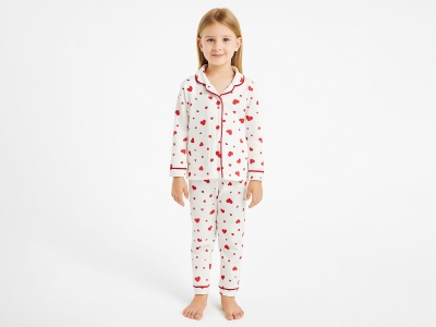 Kalp Desenli Yakalı Düğmeli Kız Pijama Takım
