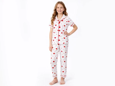 Kalp Desenli Yakalı Düğmeli Kız Pijama Takım