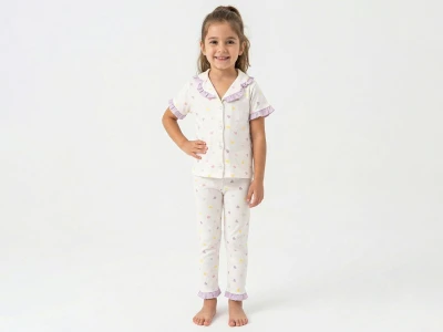Kalp Desenli Yakalı Düğmeli Kız Pijama Takım