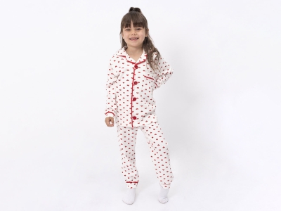 Kalp Desenli Yakalı Raporlu Düğmeli Kız Pijama Takım