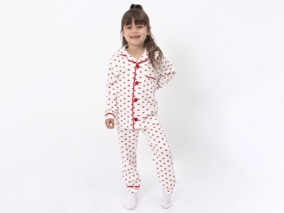 Kalp Desenli Yakalı Raporlu Kız Pijama Takım