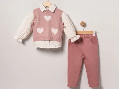 Toptan EYMUS Kalp Detay 3'lü Kız Çocuk Takım PEMBE - Beniz Bebe