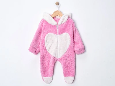 Toptan DENİTO Kalp Detaylı Kız Bebek Welsoft Peluş Tulum PEMBE - Beniz Bebe