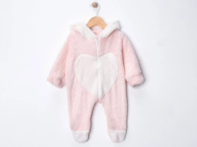 Toptan DENİTO Kalp Detaylı Kız Bebek Welsoft Peluş Tulum PUDRA - Beniz Bebe