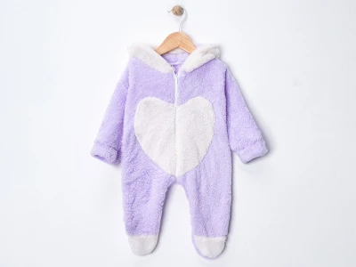 Toptan DENİTO Kalp Detaylı Kız Bebek Welsoft Peluş Tulum LİLA - Beniz Bebe