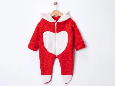 Toptan DENİTO Kalp Detaylı Kız Bebek Welsoft Peluş Tulum KIRMIZI - Beniz Bebe