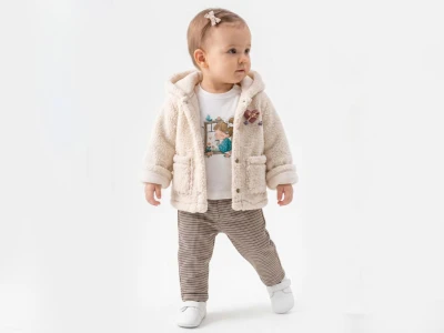 Toptan MİNİ BARAY Kalp Detaylı Peluş Ceketli Üçlü Kız Takım - Toptan Çocuk Giyim Beniz Kids