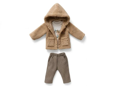 Toptan MİNİ BARAY Kalp Detaylı Peluş Ceketli Üçlü Kız Takım KAHVERENGİ - Beniz Bebe