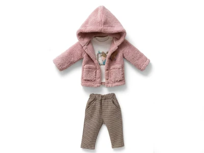 Toptan MİNİ BARAY Kalp Detaylı Peluş Ceketli Üçlü Kız Takım GÜLKURUSU - Beniz Bebe