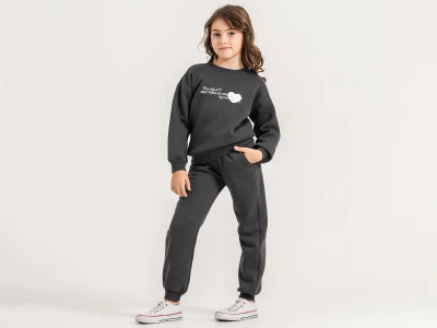 Toptan YAVRUCAK Kalp Nakışlı 3 İp Şardonlu Kız Takım  - Toptan Çocuk Giyim Beniz Kids
