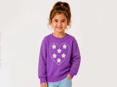 Toptan BİTTOŞ KİDS Kalp Nakışlı Çiçek Desenli 3 İp Şardonlu Kız Sweat  - Toptan Çocuk Giyim Beniz Kids
