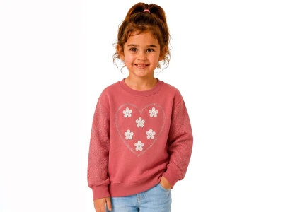 Toptan BİTTOŞ KİDS Kalp Nakışlı Çiçek Desenli 3 İp Şardonlu Kız Sweat  GÜLKURUSU - Beniz Bebe
