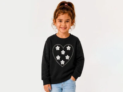 Toptan BİTTOŞ KİDS Kalp Nakışlı Çiçek Desenli 3 İp Şardonlu Kız Sweat  SİYAH - Beniz Bebe