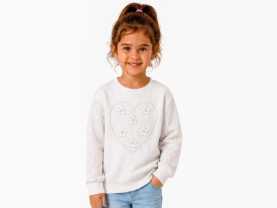 Toptan BİTTOŞ KİDS Kalp Nakışlı Çiçek Desenli 3 İp Şardonlu Kız Sweat  BEYAZ - Beniz Bebe