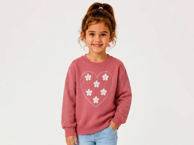 Toptan BİTTOŞ KİDS Kalp Nakışlı Çiçek Desenli 3 İp Şardonlu Kız Sweat  PEMBE - Beniz Bebe