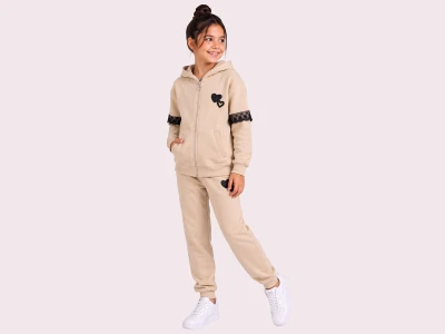 Toptan ROYA KİDS Kalp Nakışlı Dantel Detaylı 3 İp Şardonlu Kız Takım  BEJ - Beniz Bebe
