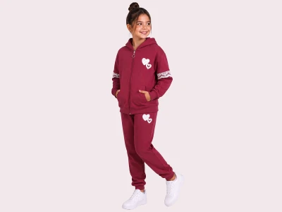 Toptan ROYA KİDS Kalp Nakışlı Dantel Detaylı 3 İp Şardonlu Kız Takım  BORDO - Beniz Bebe