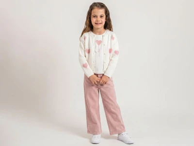 Toptan PAMPAL KİDS Kalp Nakışlı Düğmeli Triko Ceketli Üçlü Kız Takım  - Toptan Çocuk Giyim Beniz Kids